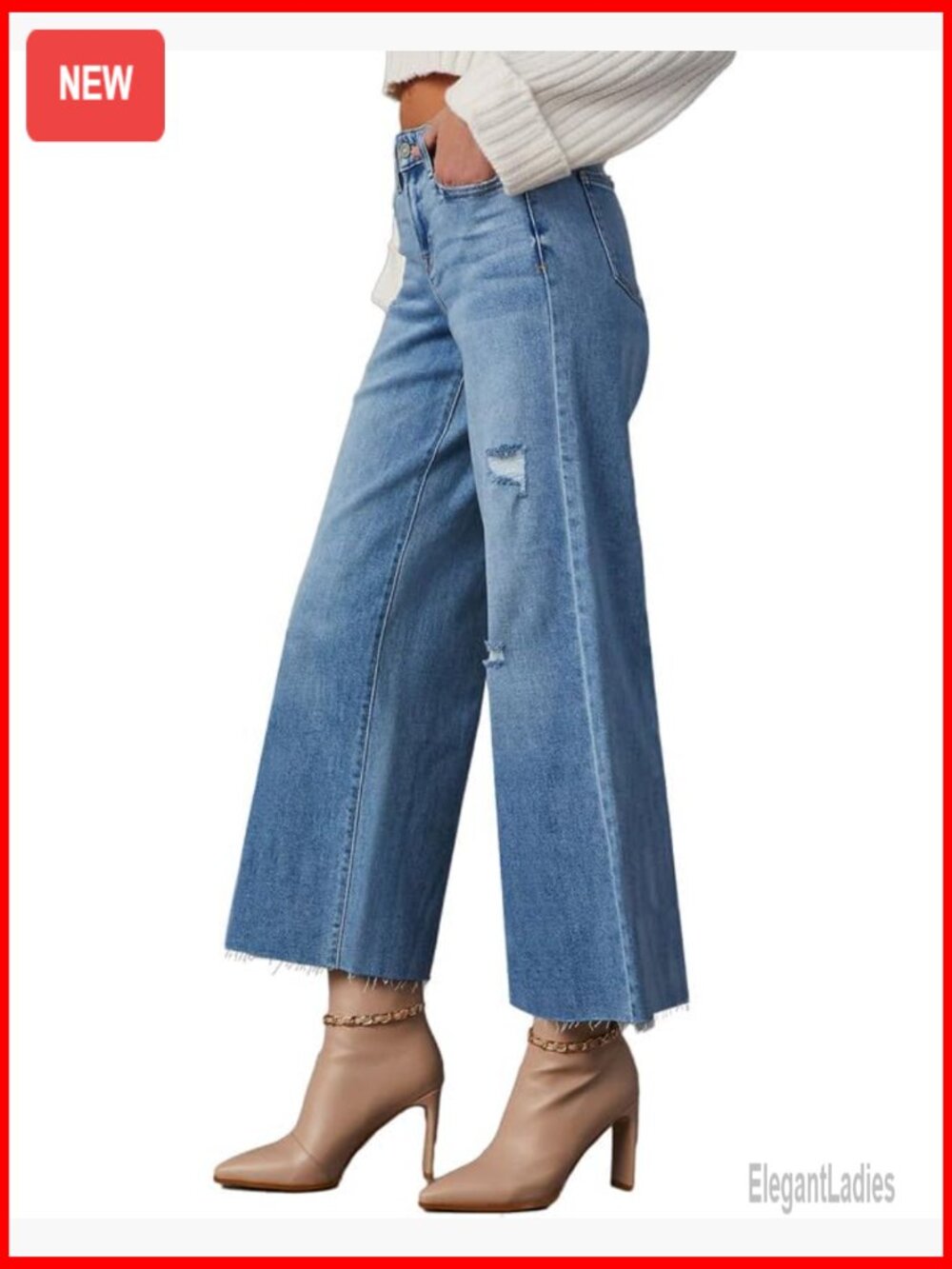 High Waisted Wide Leg Ripped Jeans Stretch Denim Ankle Pants - Picture 3 of 7